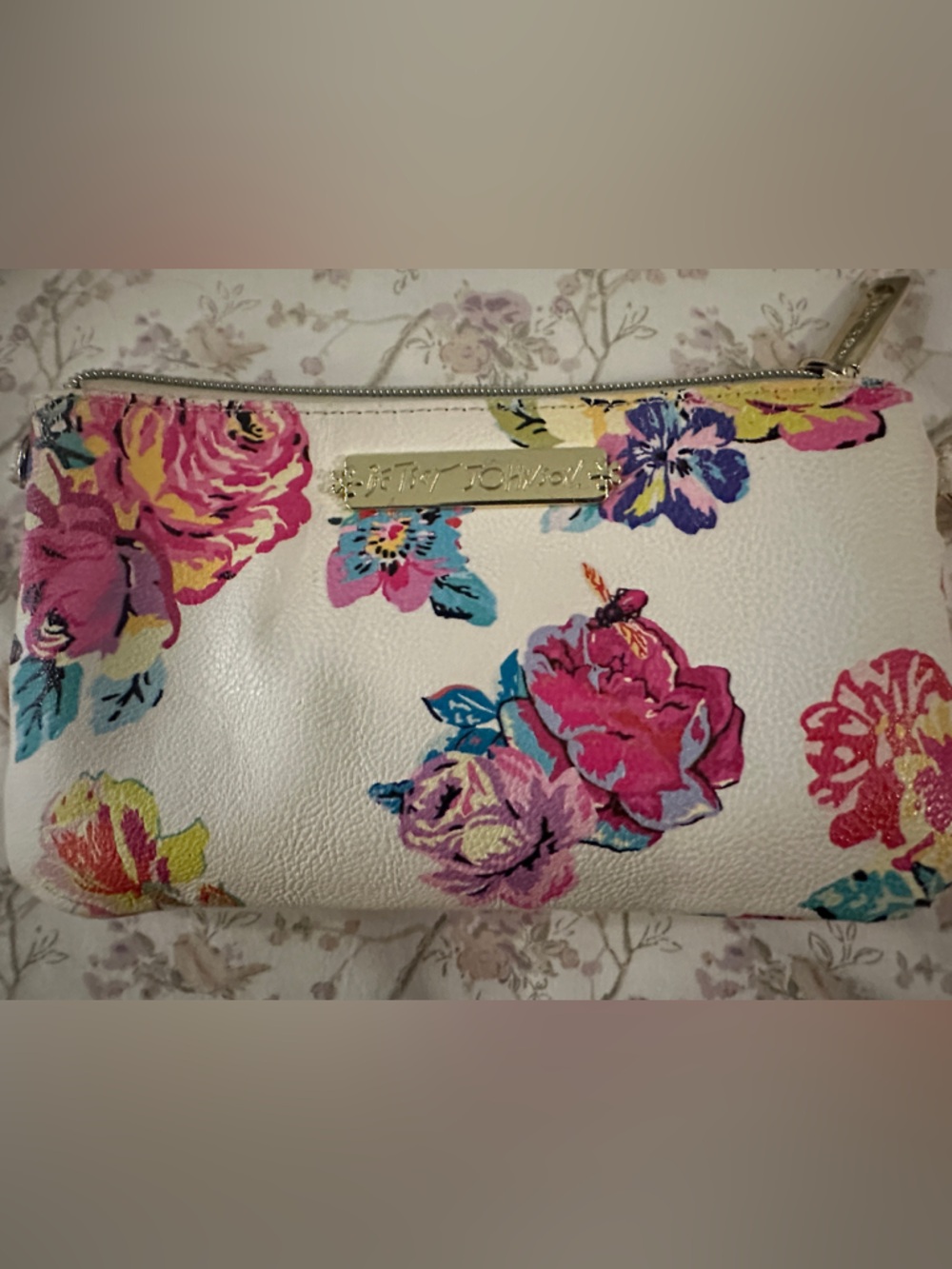 Floral Zip Wallet - White with Pink & Blue Flowers